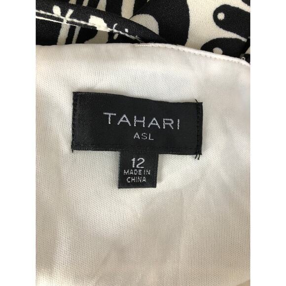 Tahari ASL Border Print Dress Sleeveless Fringe Trim Sheath Mini Black White 12 - Picture 7 of 9